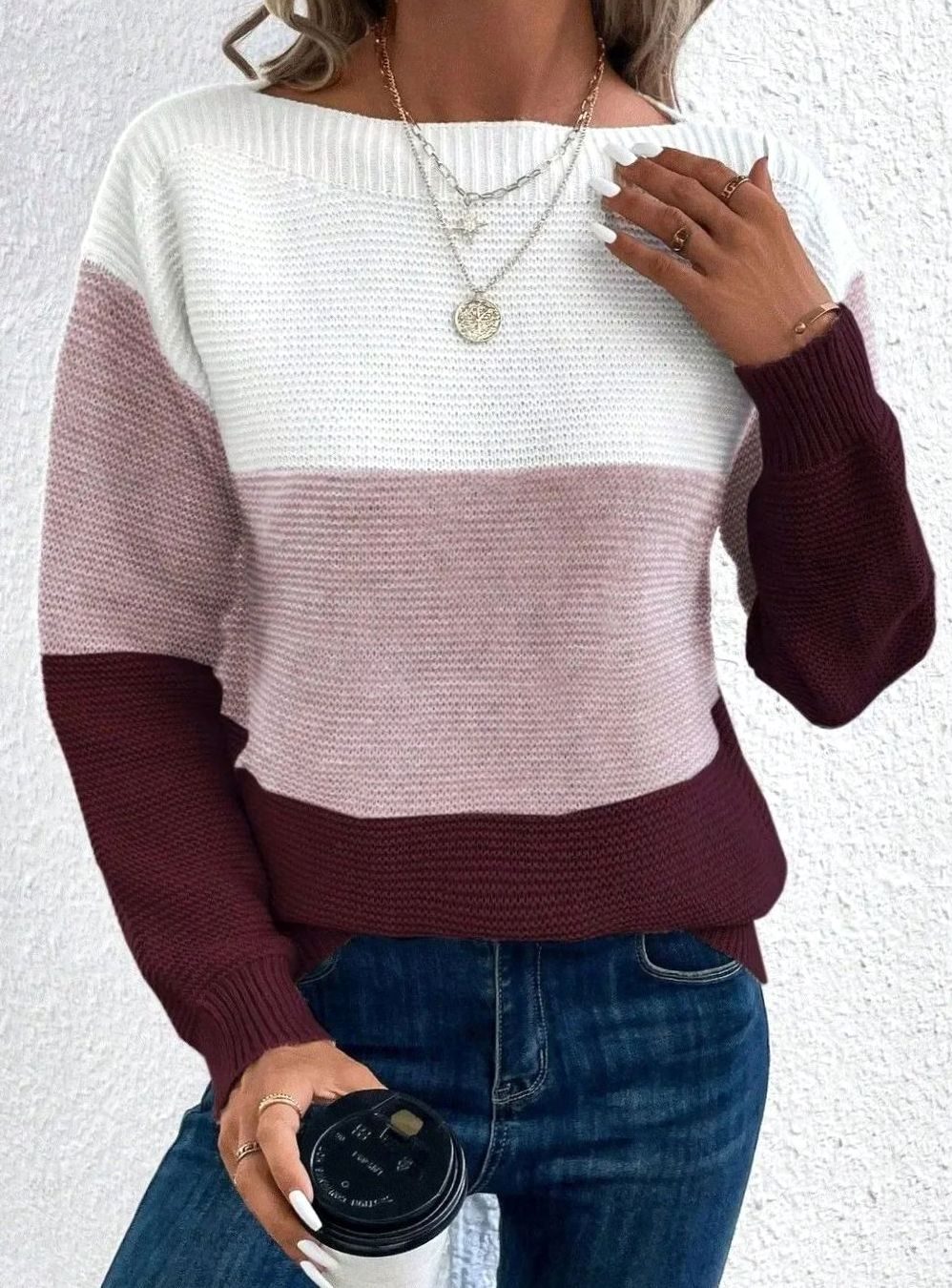 Damski luźny sweter kaszmirowy z golfem color block