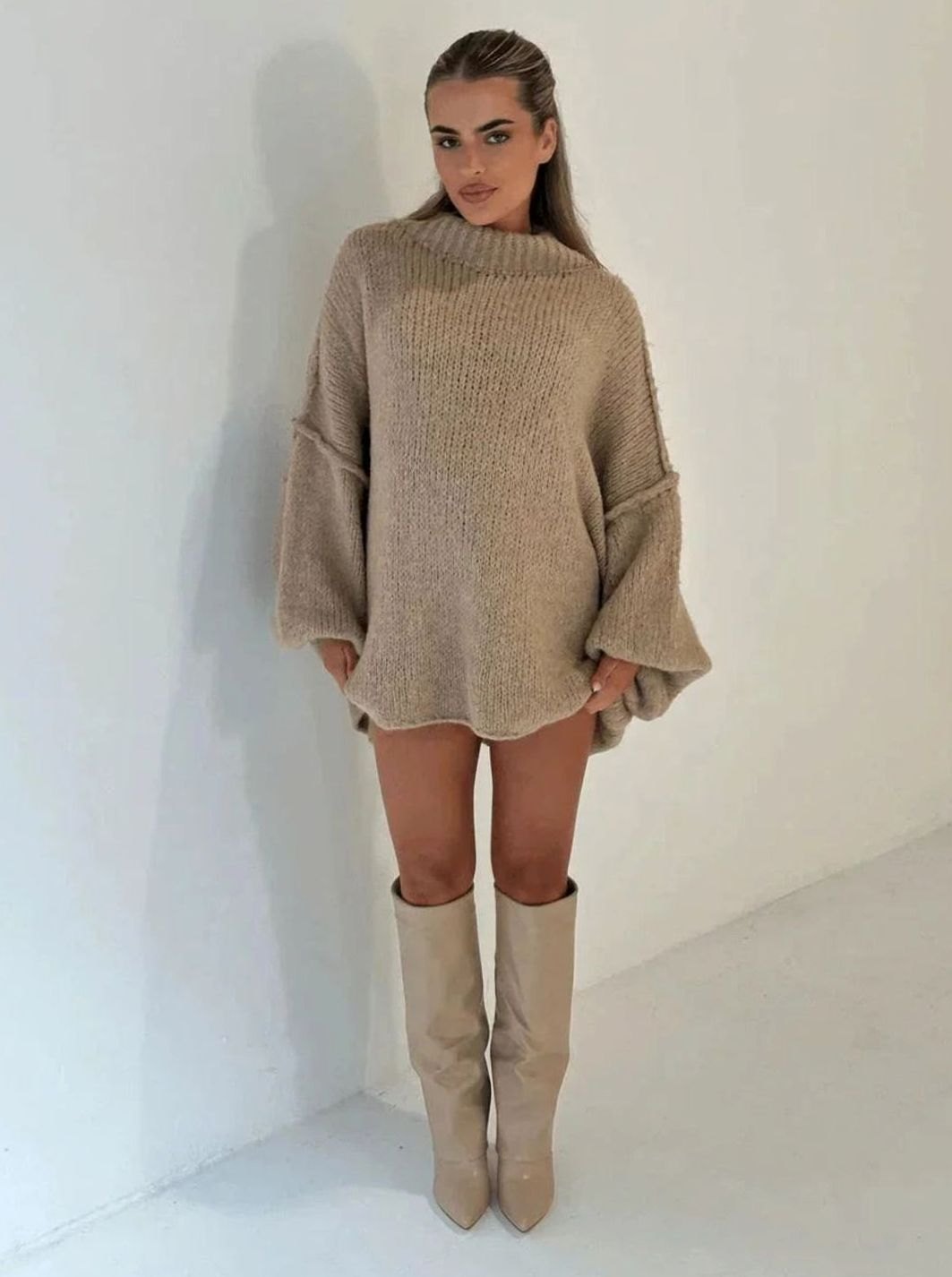 Damski luźny sweter z dzianiny oversize z półgolfem
