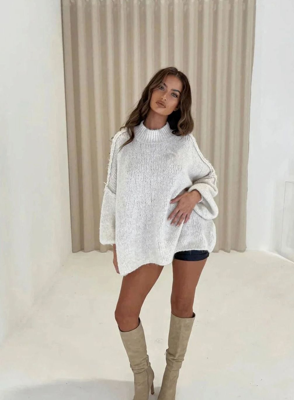Damski luźny sweter z dzianiny oversize z półgolfem