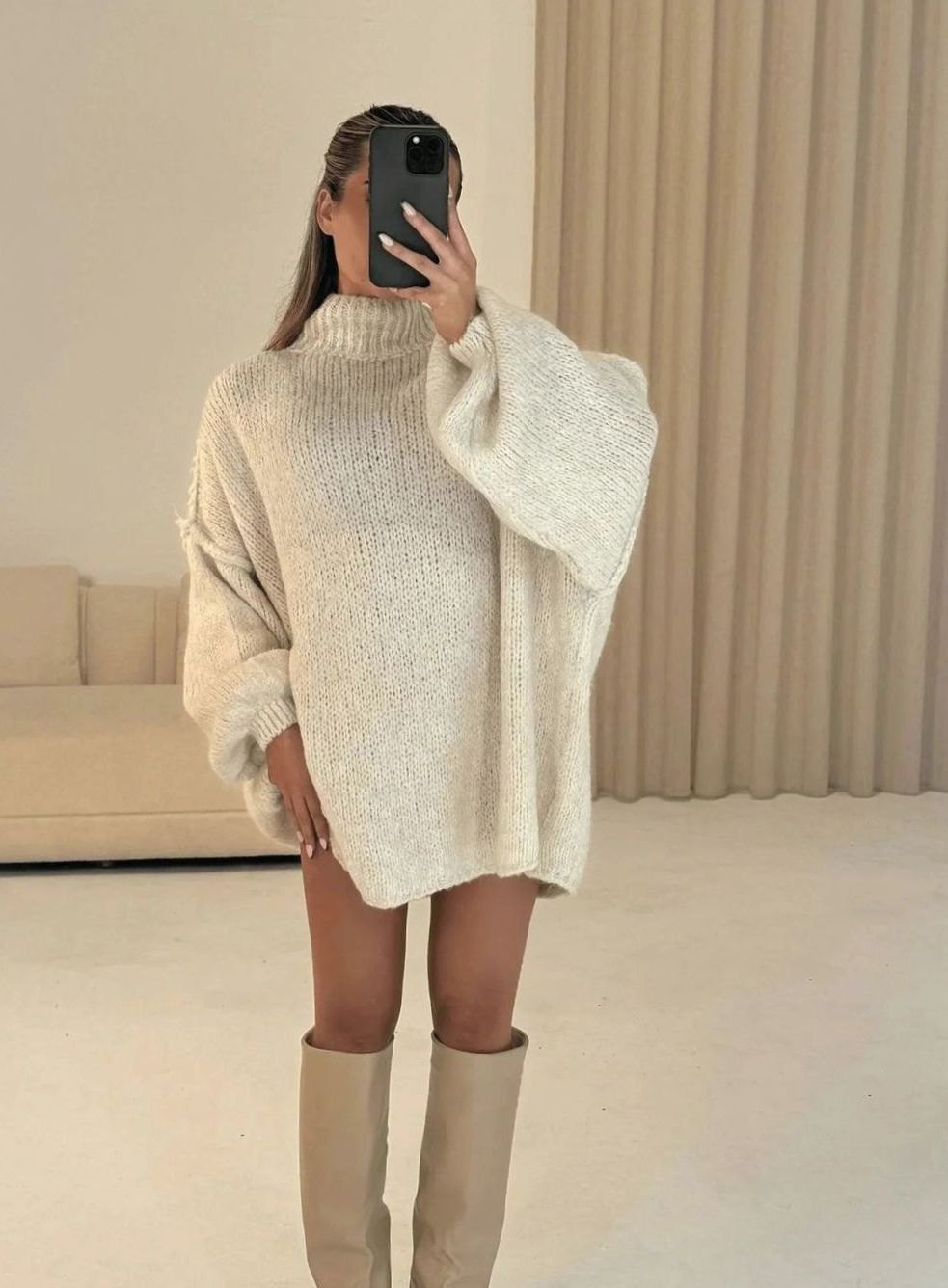 Damski luźny sweter z dzianiny oversize z półgolfem