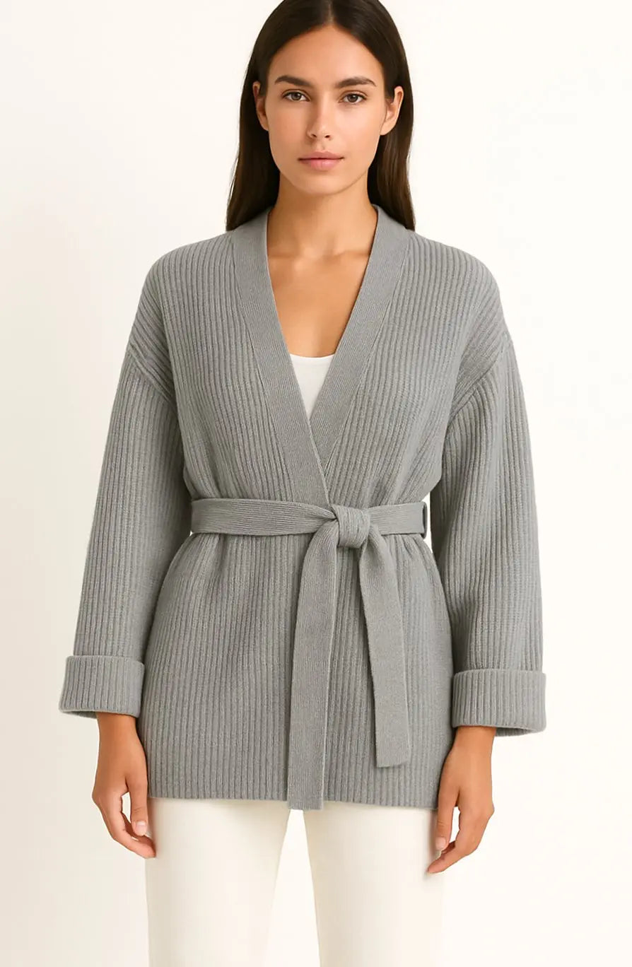 Damski prążkowany kardigan kopertowy z paskiem i dekoltem w serek