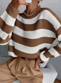 Damski sweter dzianinowy w paski o luźnym kroju z okrągłym dekoltem
