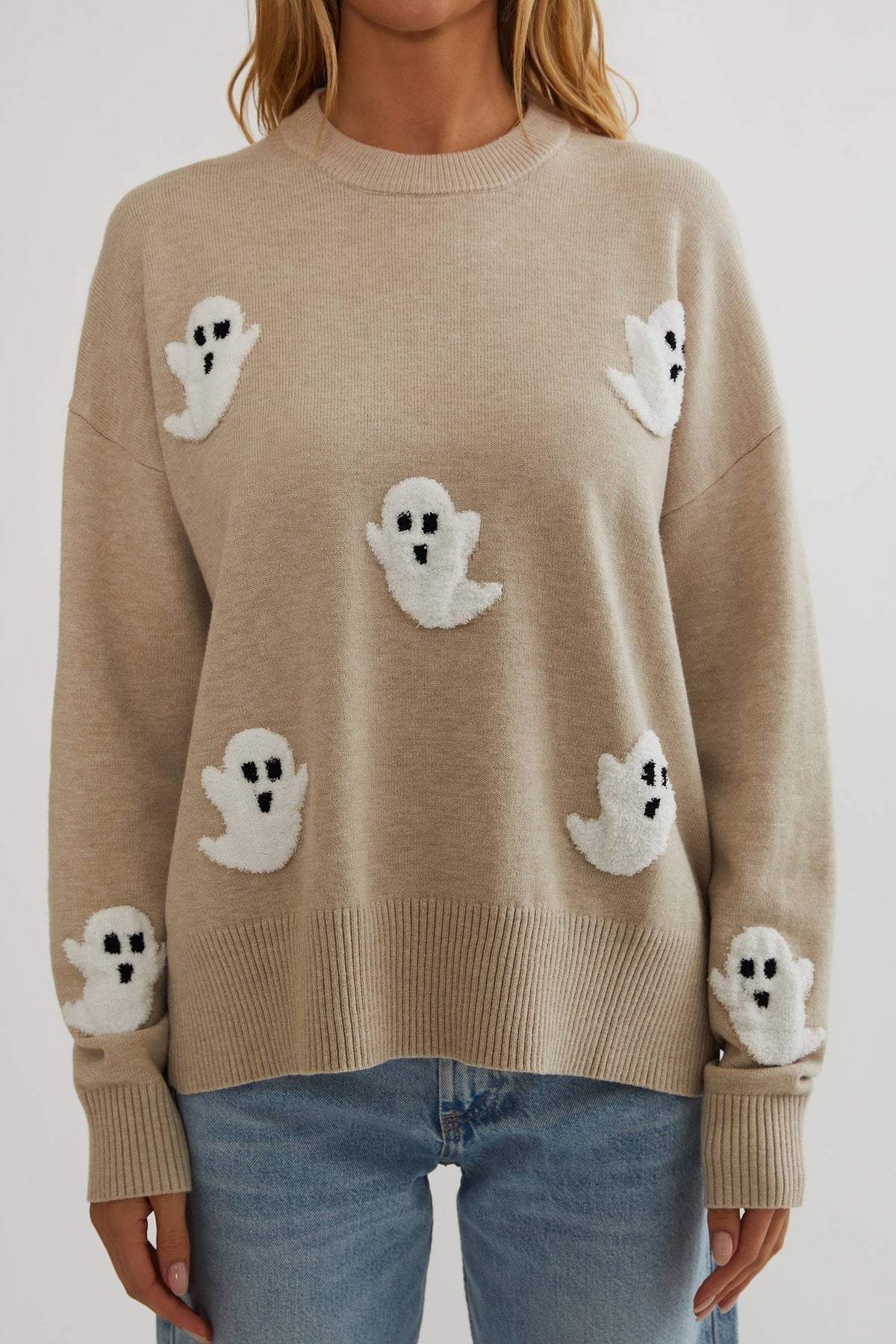 Damski sweter dzianinowy z motywem duchów | Elegancki sweter z długim rękawem