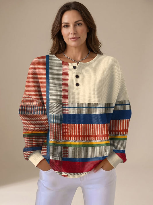 Damski sweter henley o splocie waflowym color block