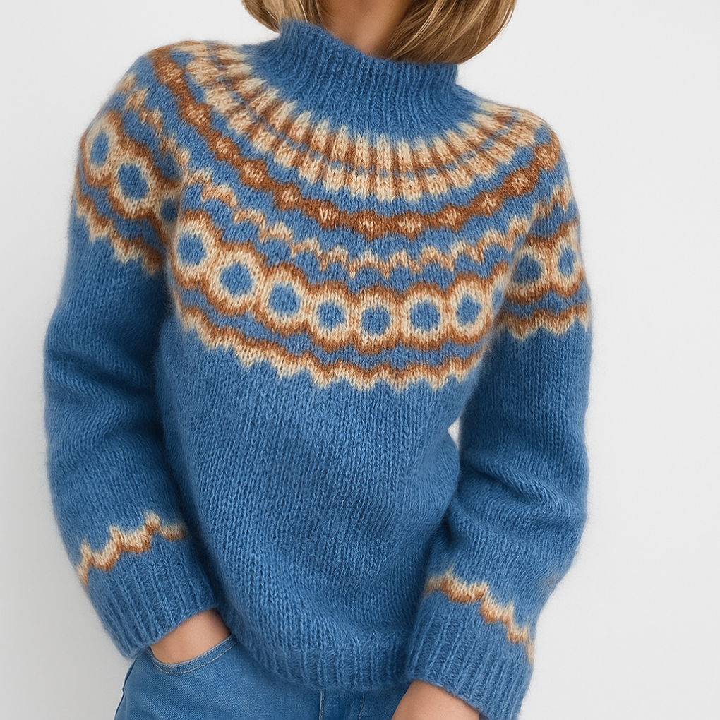 Damski sweter z golfem z okrągłym karczkiem we wzór Fair Isle