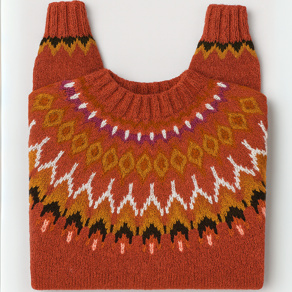 Damski sweter z golfem z okrągłym karczkiem we wzór Fair Isle