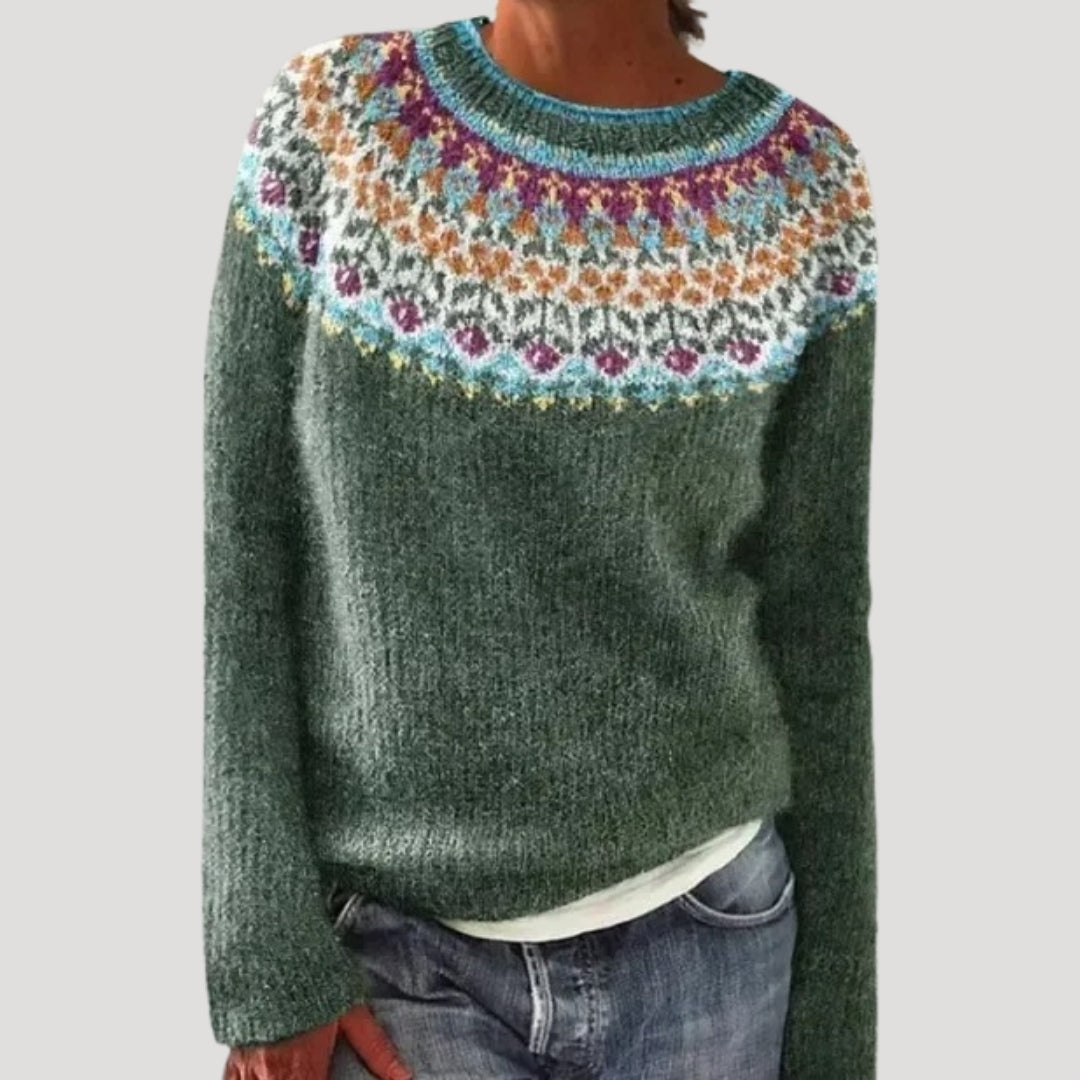 Damski wzorzysty sweter z okrągłym dekoltem i kolorowym karczkiem