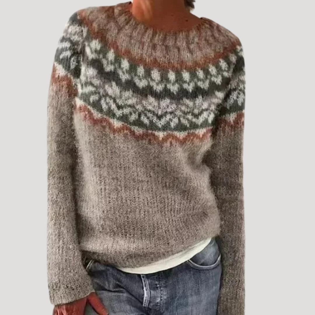 Damski wzorzysty sweter z okrągłym dekoltem i kolorowym karczkiem