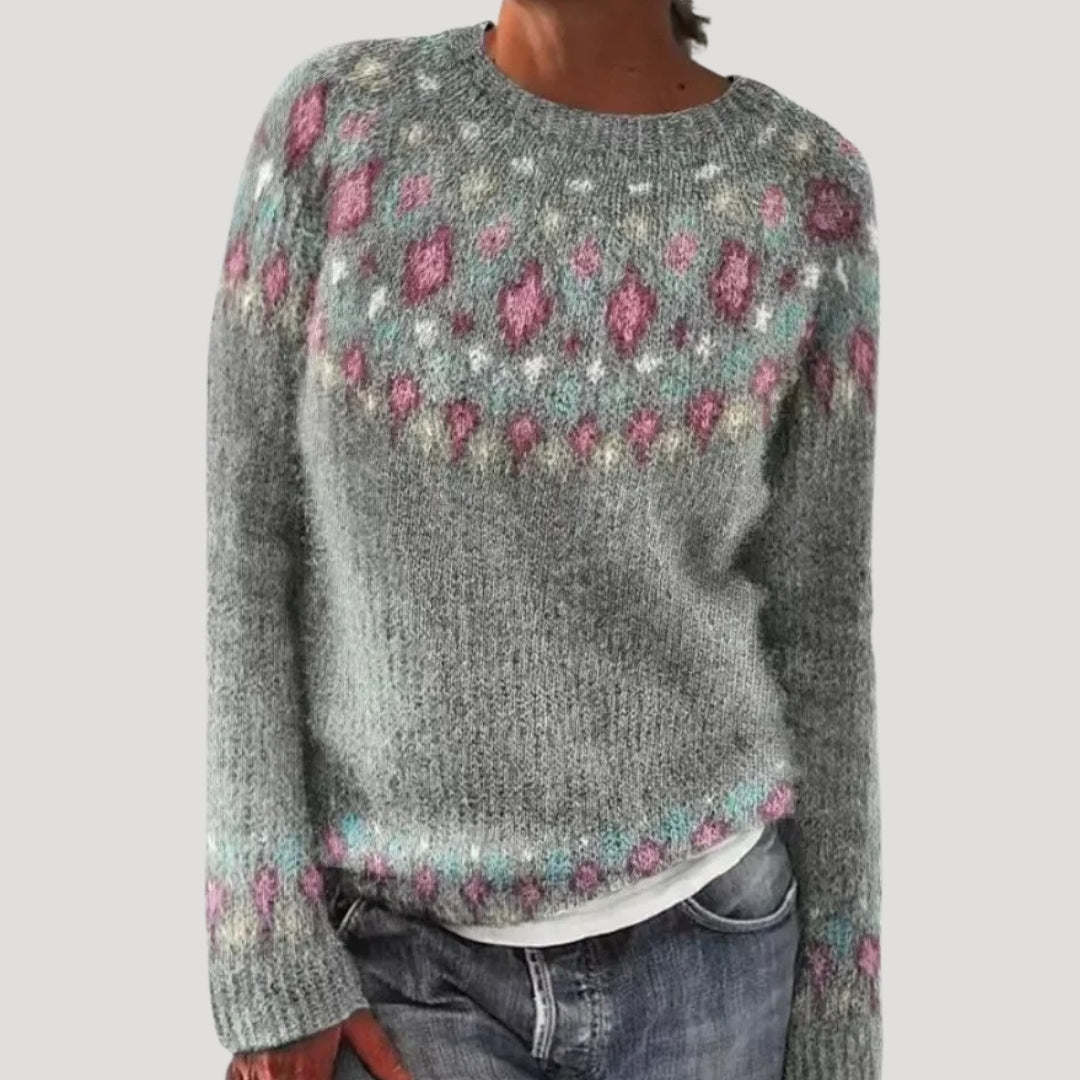 Damski wzorzysty sweter z okrągłym dekoltem i kolorowym karczkiem
