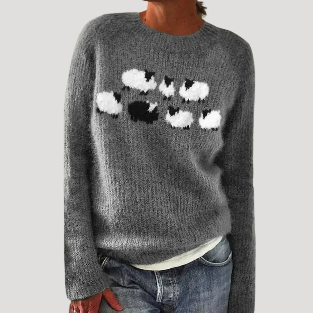 Damski wzorzysty sweter z okrągłym dekoltem i kolorowym karczkiem