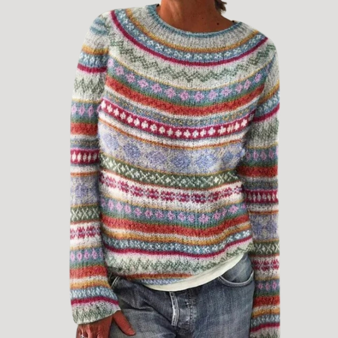 Damski wzorzysty sweter z okrągłym dekoltem i kolorowym karczkiem