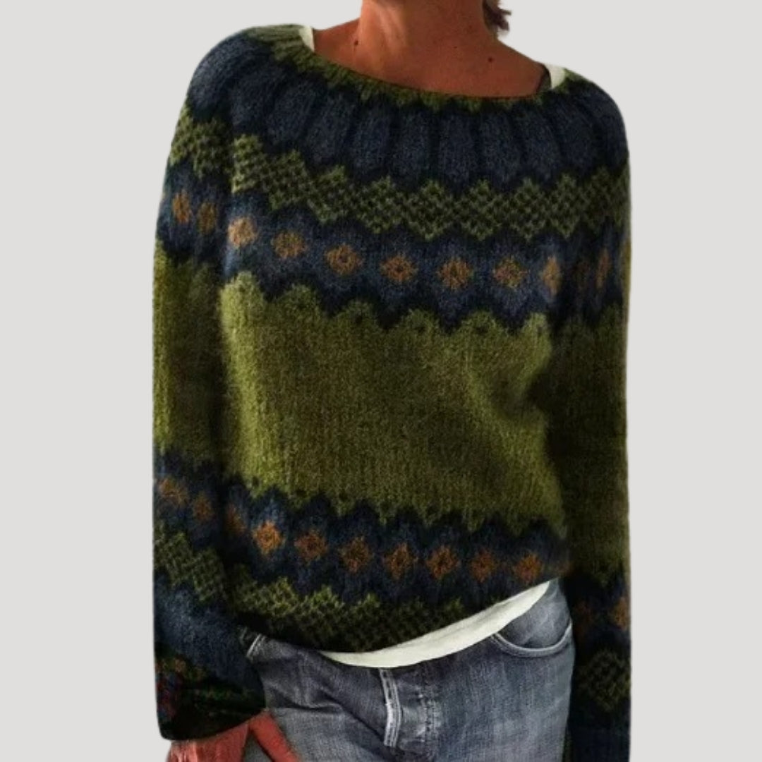 Damski wzorzysty sweter z okrągłym dekoltem i kolorowym karczkiem
