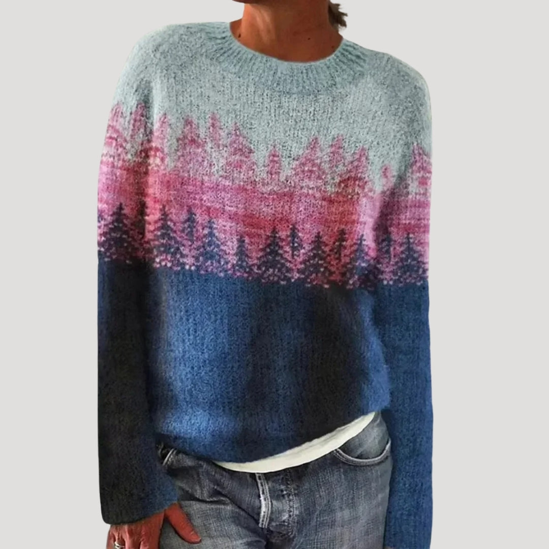 Damski wzorzysty sweter z okrągłym dekoltem i kolorowym karczkiem