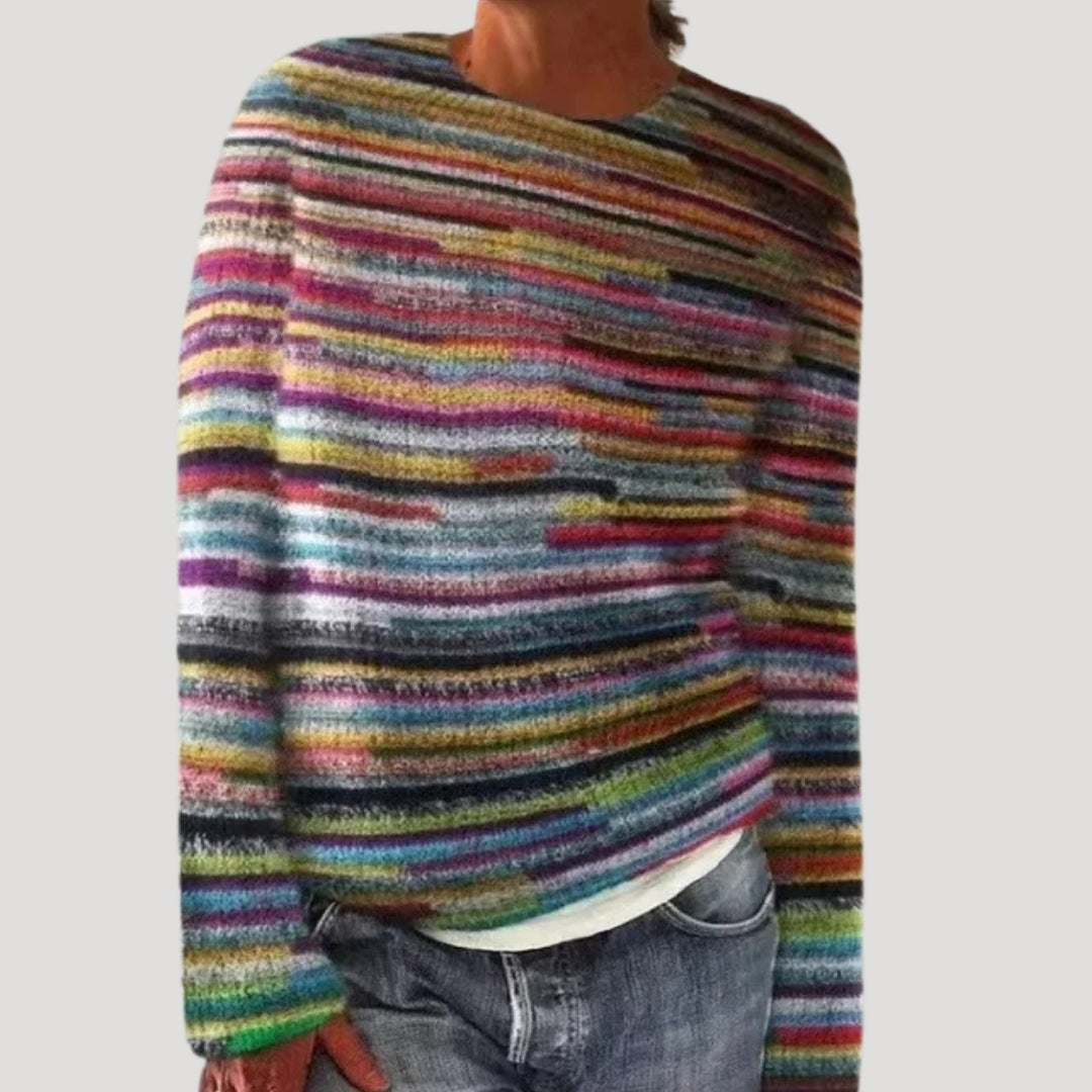 Damski wzorzysty sweter z okrągłym dekoltem i kolorowym karczkiem