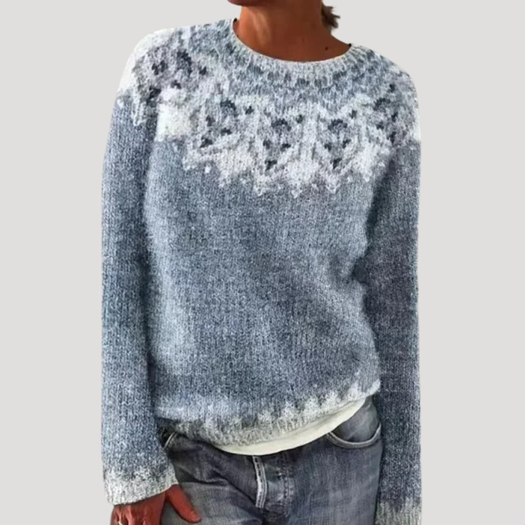 Damski wzorzysty sweter z okrągłym dekoltem i kolorowym karczkiem