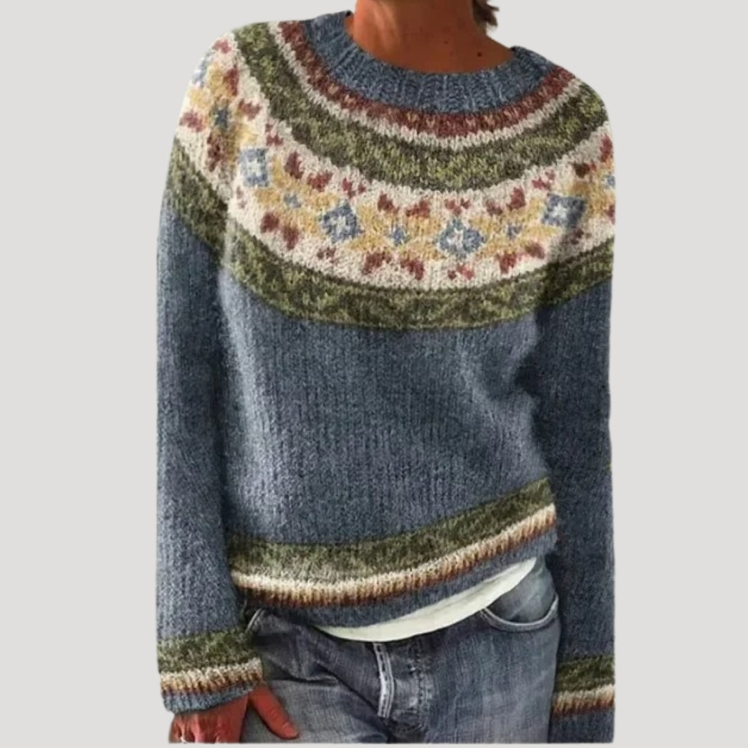 Damski wzorzysty sweter z okrągłym dekoltem i kolorowym karczkiem