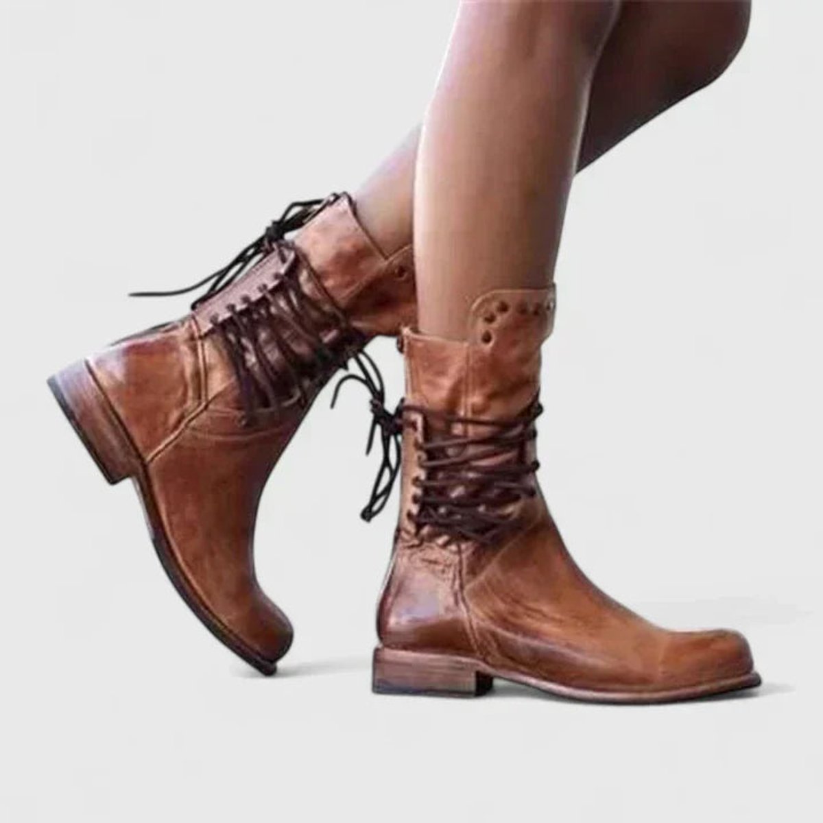 Damskie sznurowane kozaki do kolan w stylu vintage z ćwiekami na klockowym obcasie