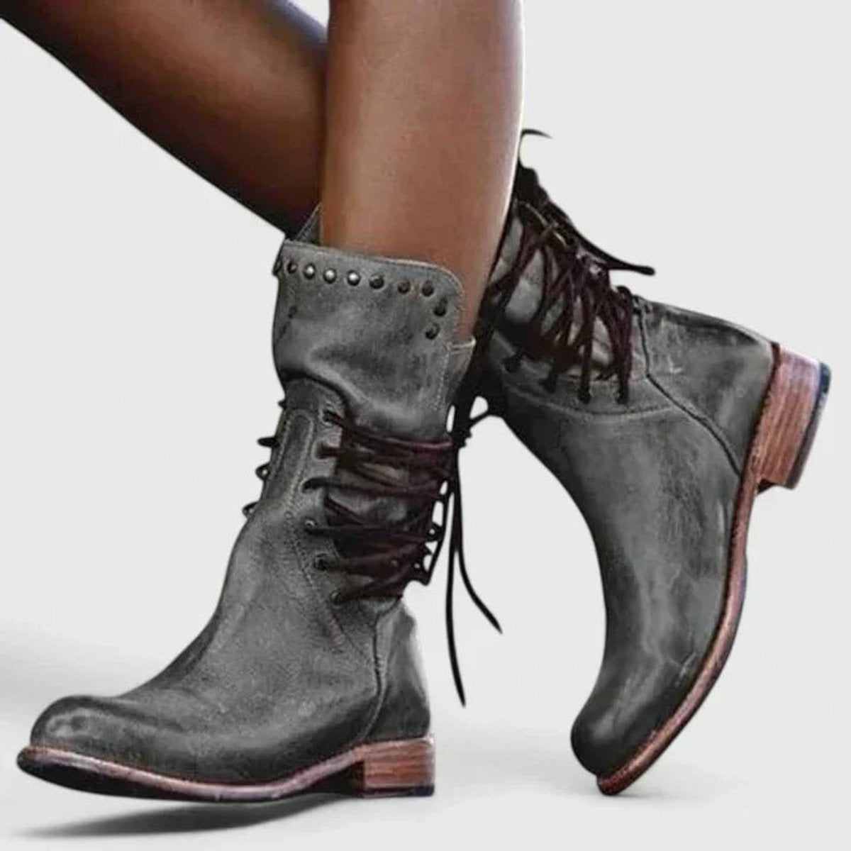 Damskie sznurowane kozaki do kolan w stylu vintage z ćwiekami na klockowym obcasie
