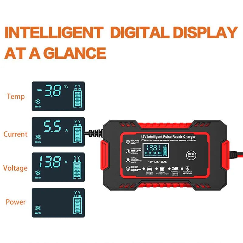 Glevato | 12V 6A Smart Car Battery Charger | Pulse Repair, LCD Screen & Fast Charging for AGM, Gel & Lead Acid Batteries
