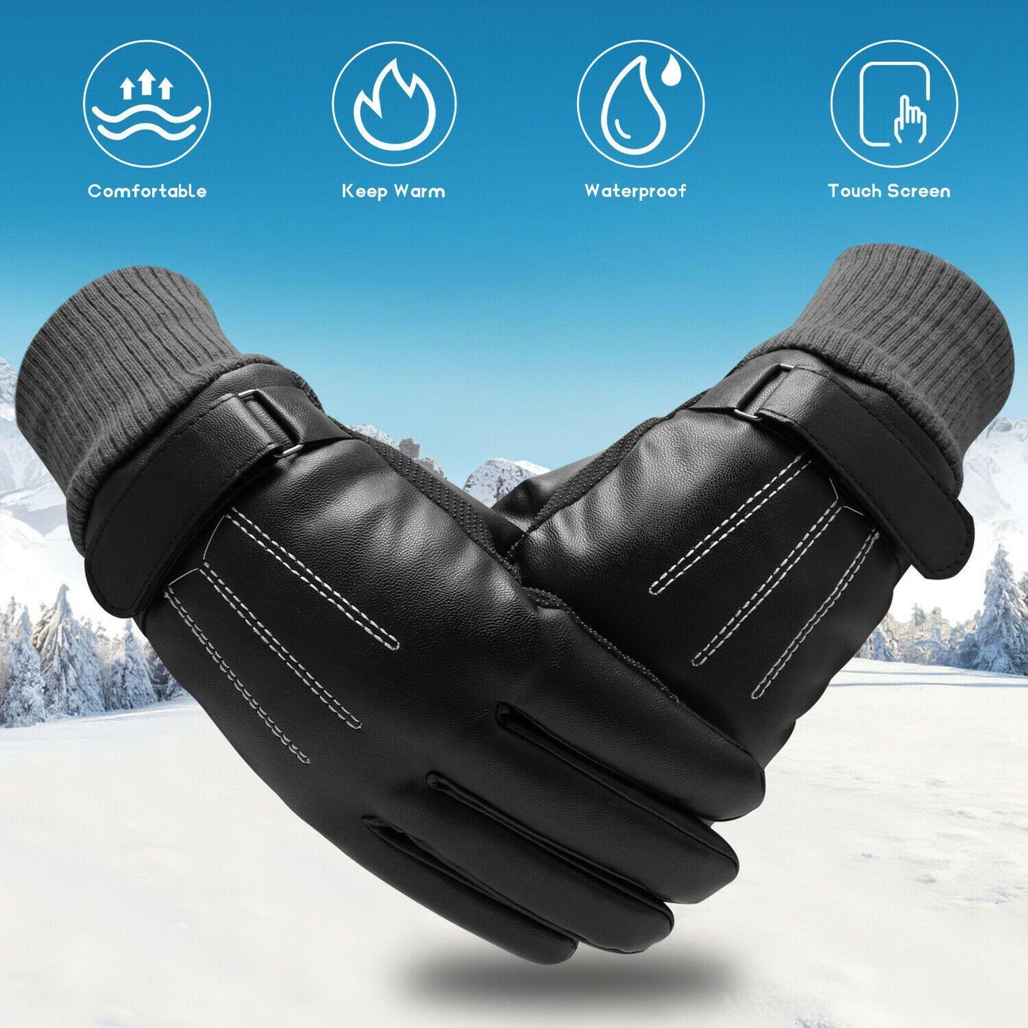 Glevato | -30℃ Waterproof, Warm Leather Ski Gloves for Winter | Touchscreen Compatible