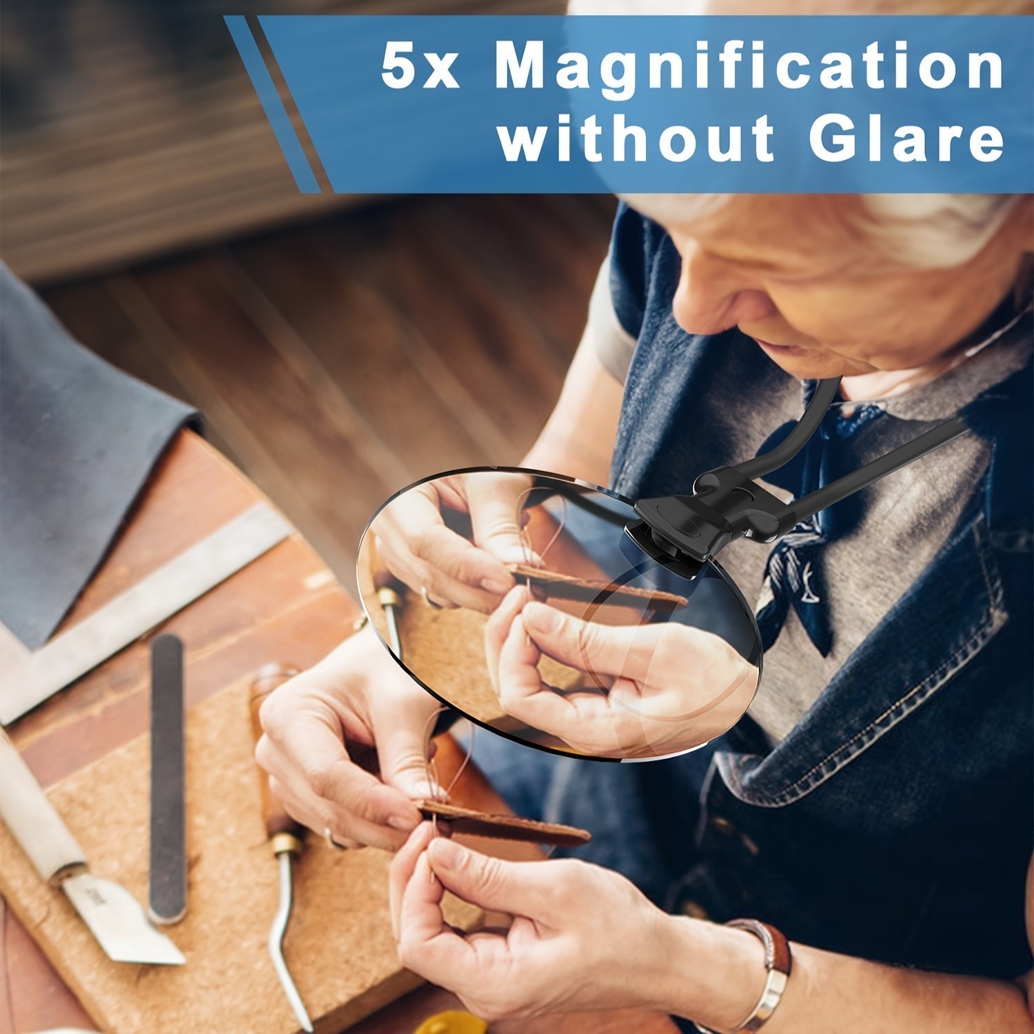 Glevato | 5X Magnifying Glass Pro – Hands-Free Adjustable Neck Loupe for the Elderly and Visually Impaired – Perfect for Reading, Sewing, Crafting, and Inspection