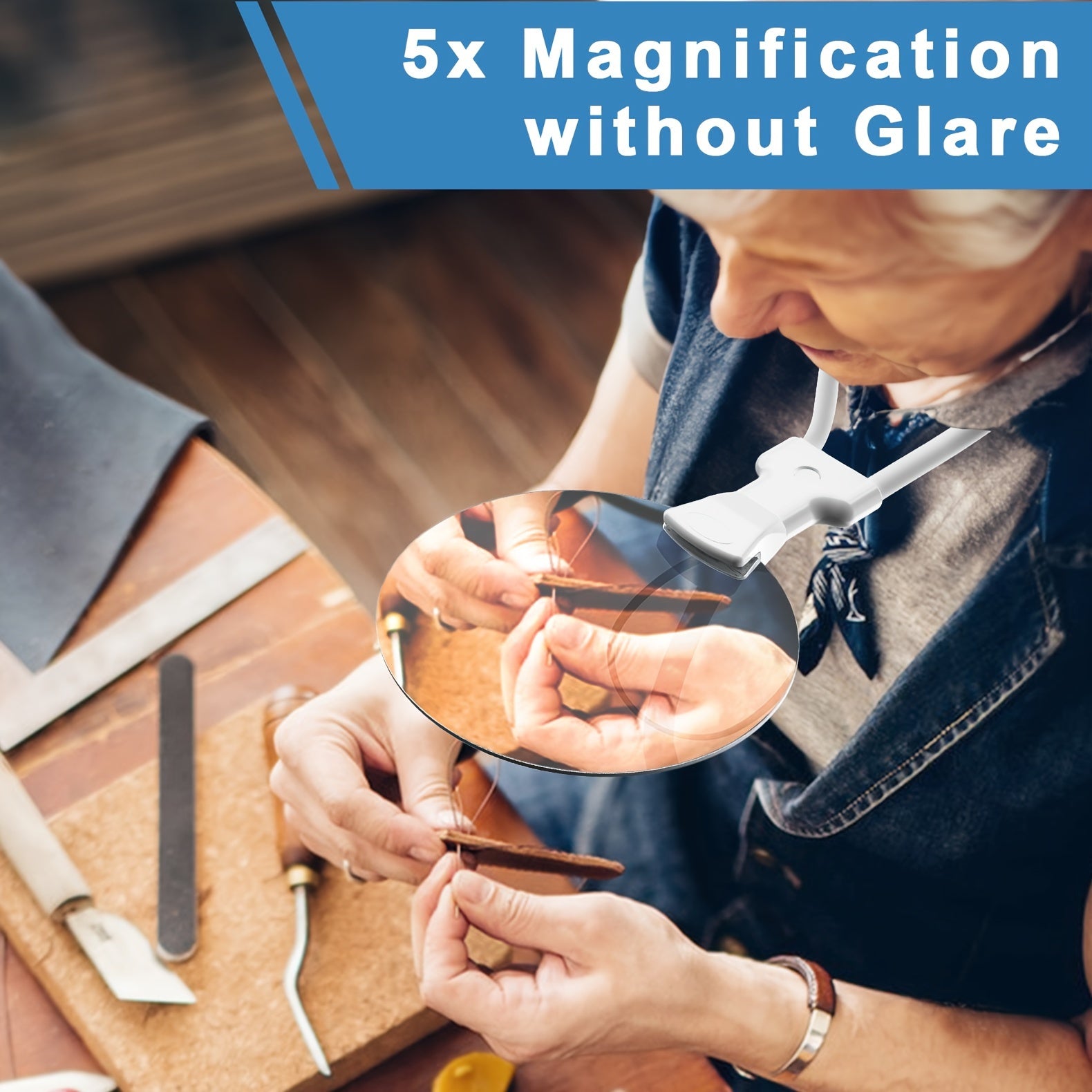 Glevato | 5X Magnifying Glass Pro – Hands-Free Adjustable Neck Magnifier for Seniors and Visually Impaired – Perfect for Reading, Sewing, Crafting, and Inspection