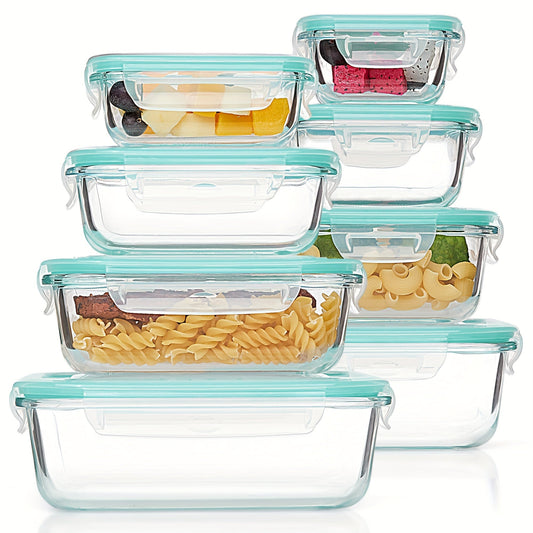 Glevato | 8-Pack Glass Food Storage Containers – Airtight Meal Prep Bento Boxes with Leakproof, Lockable Lids, Microwave, Oven, Freezer, and Dishwasher Safe, BPA-Free