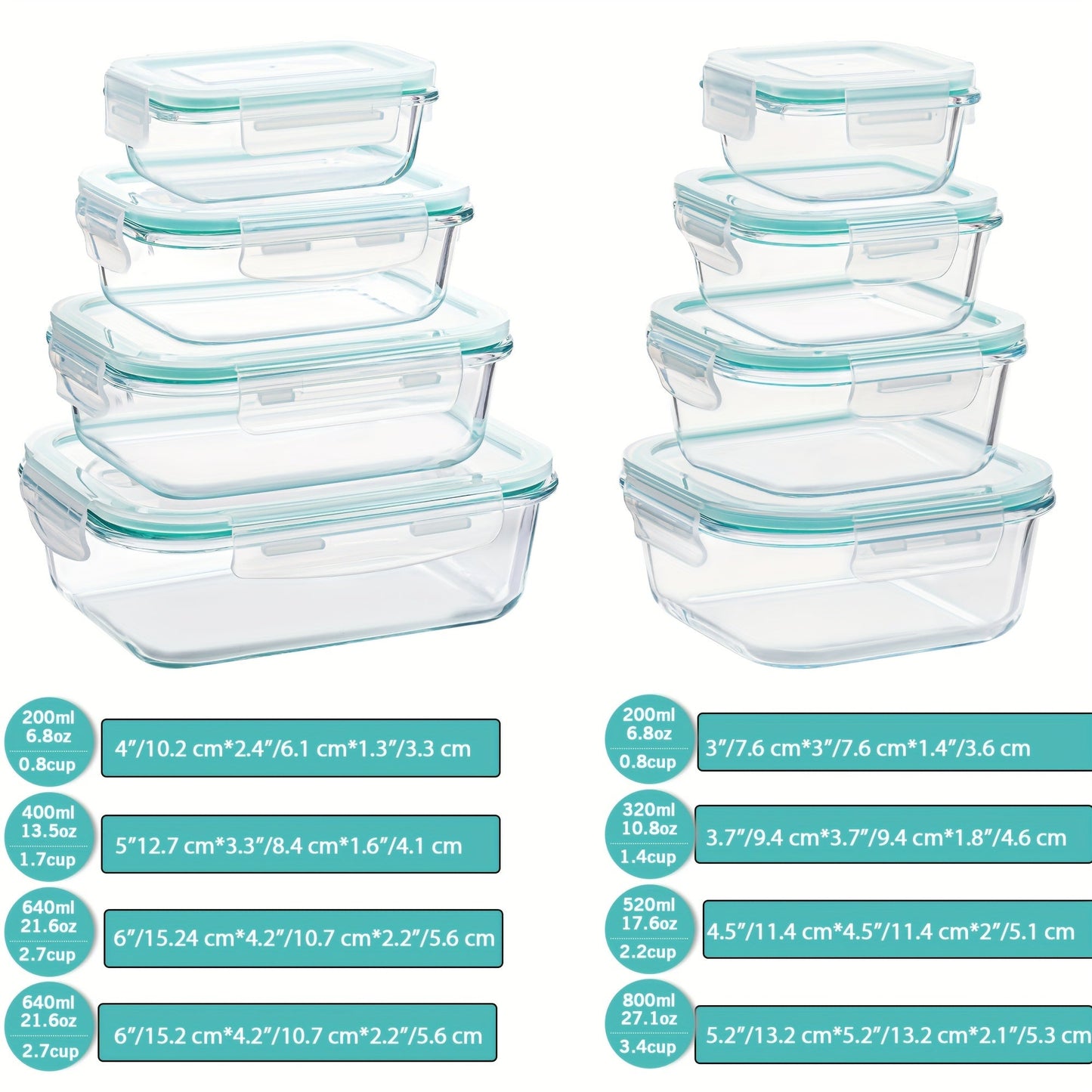 Glevato | 8-Pack Glass Food Storage Containers – Airtight Meal Prep Bento Boxes with Leakproof, Lockable Lids, Microwave, Oven, Freezer, and Dishwasher Safe, BPA-Free