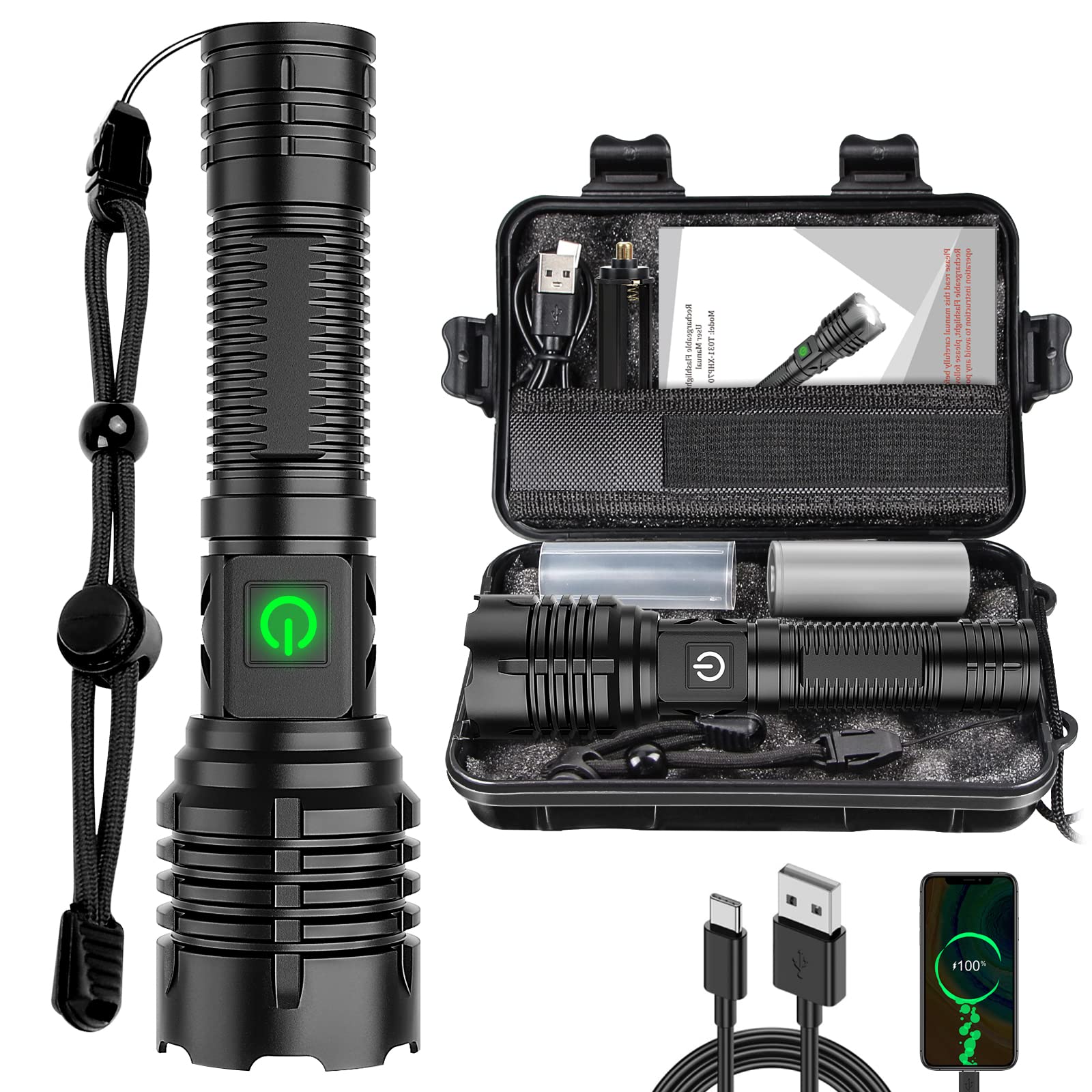 Glevato | Banral 100000 Lumen Rechargeable Pocket Flashlight, IPX6 Waterproof, 5 Modes, Zoomable, Aluminum