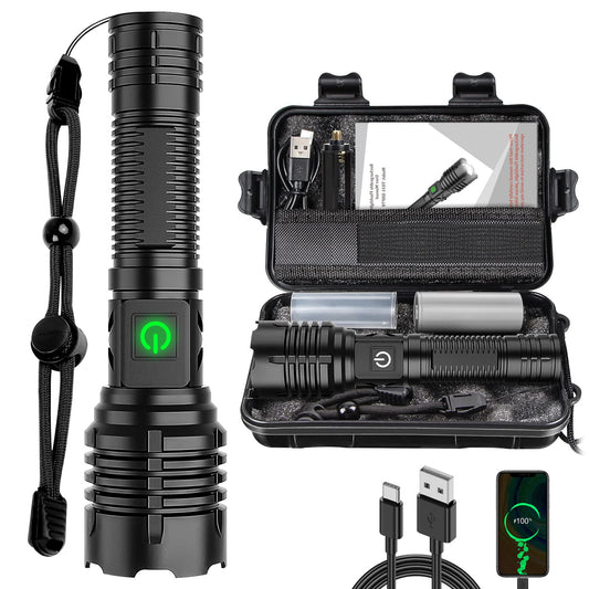 Glevato | Banral 100000 Lumen Rechargeable Pocket Flashlight, IPX6 Waterproof, 5 Modes, Zoomable, Aluminum