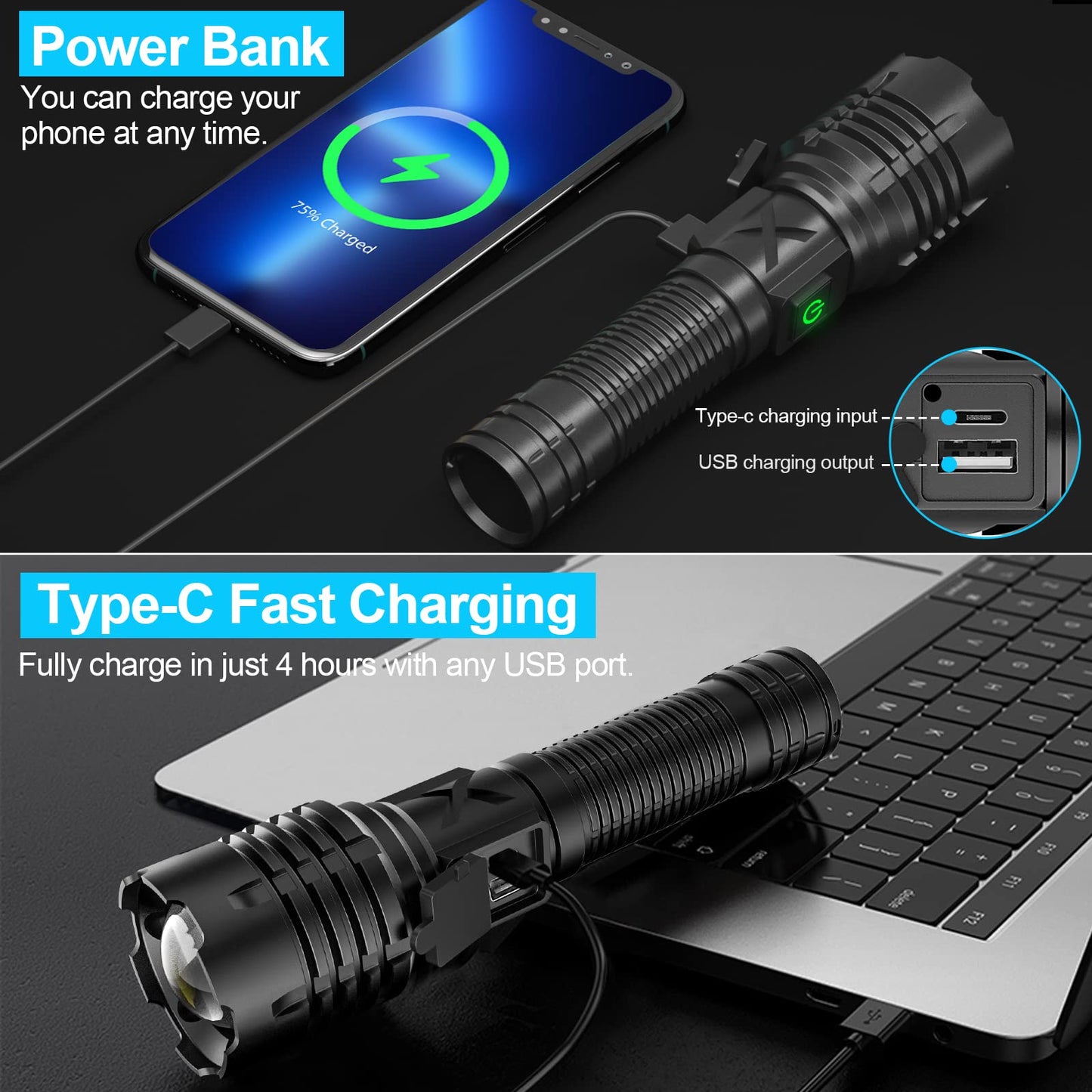 Glevato | Banral 100000 Lumen Rechargeable Pocket Flashlight, IPX6 Waterproof, 5 Modes, Zoomable, Aluminum