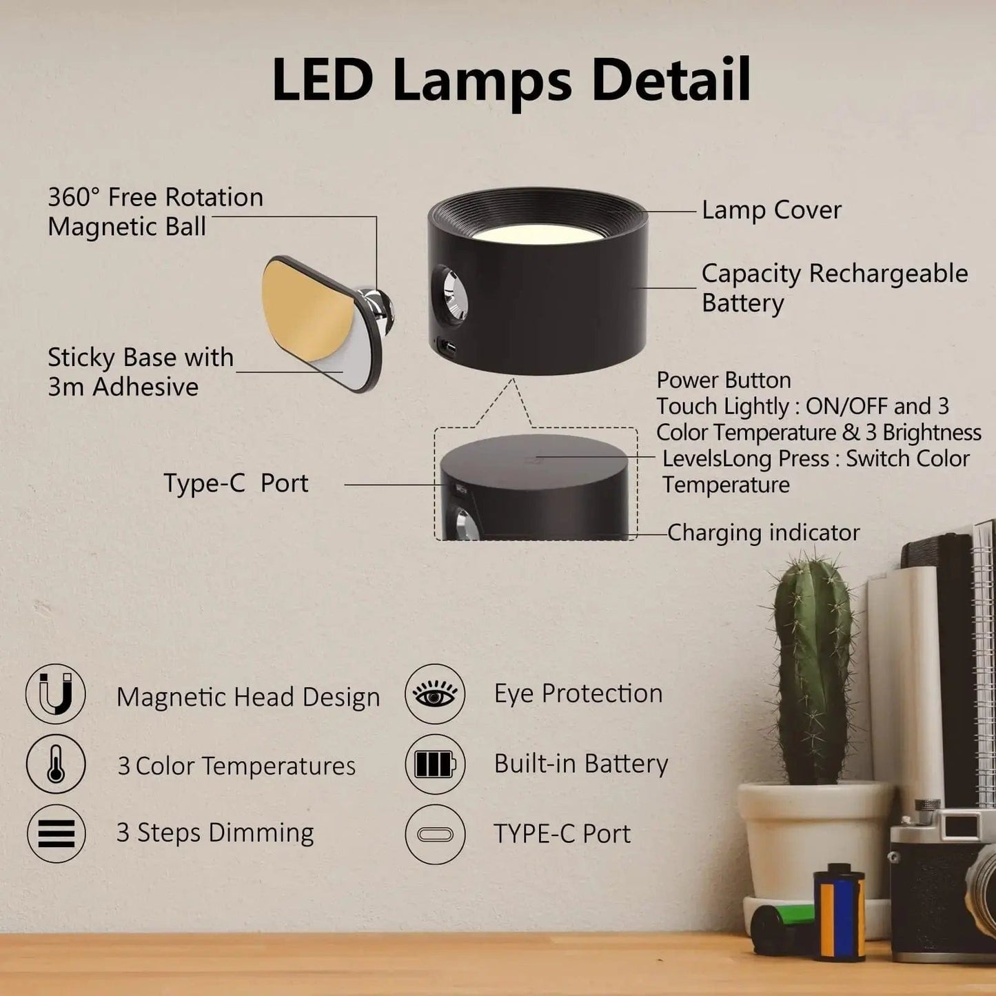 Glevato | Battery-Powered Wall Lamp | Rechargeable, 360° Adjustable and Wireless for Bedrooms, Hallways, and Reading Corners
