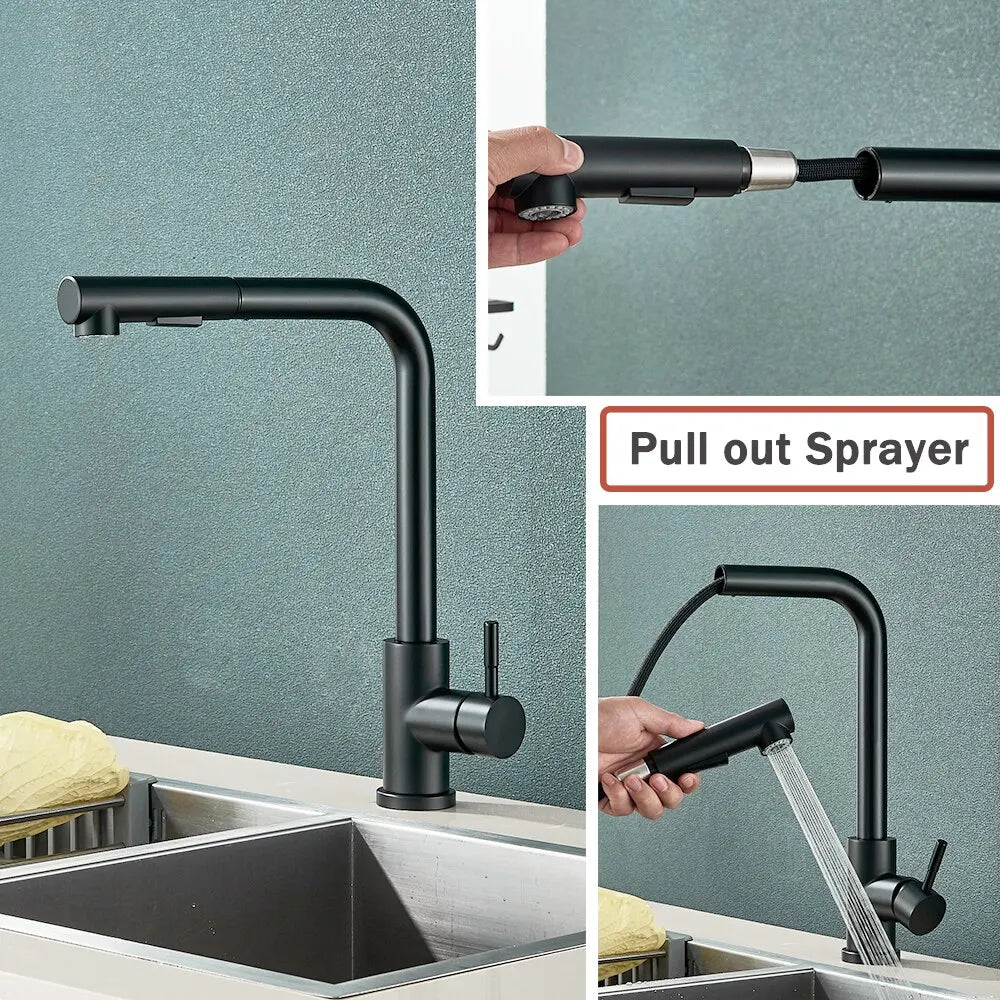 Glevato | Black Pull-Out Kitchen Faucet - Flexible 2-Mode Stream and Spray Nozzle, Stainless Steel Hot-Cold Water Mixing Tap