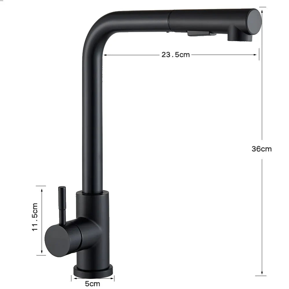 Glevato | Black Pull-Out Kitchen Faucet - Flexible 2-Mode Stream and Spray Nozzle, Stainless Steel Hot-Cold Water Mixing Tap