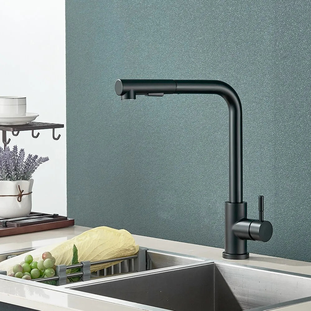 Glevato | Black Pull-Out Kitchen Faucet - Flexible 2-Mode Stream and Spray Nozzle, Stainless Steel Hot-Cold Water Mixing Tap