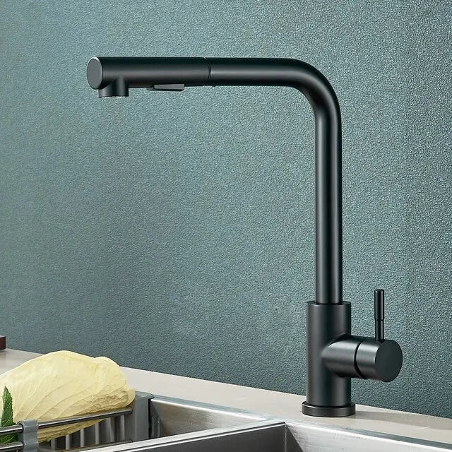 Glevato | Black Pull-Out Kitchen Faucet - Flexible 2-Mode Stream and Spray Nozzle, Stainless Steel Hot-Cold Water Mixing Tap