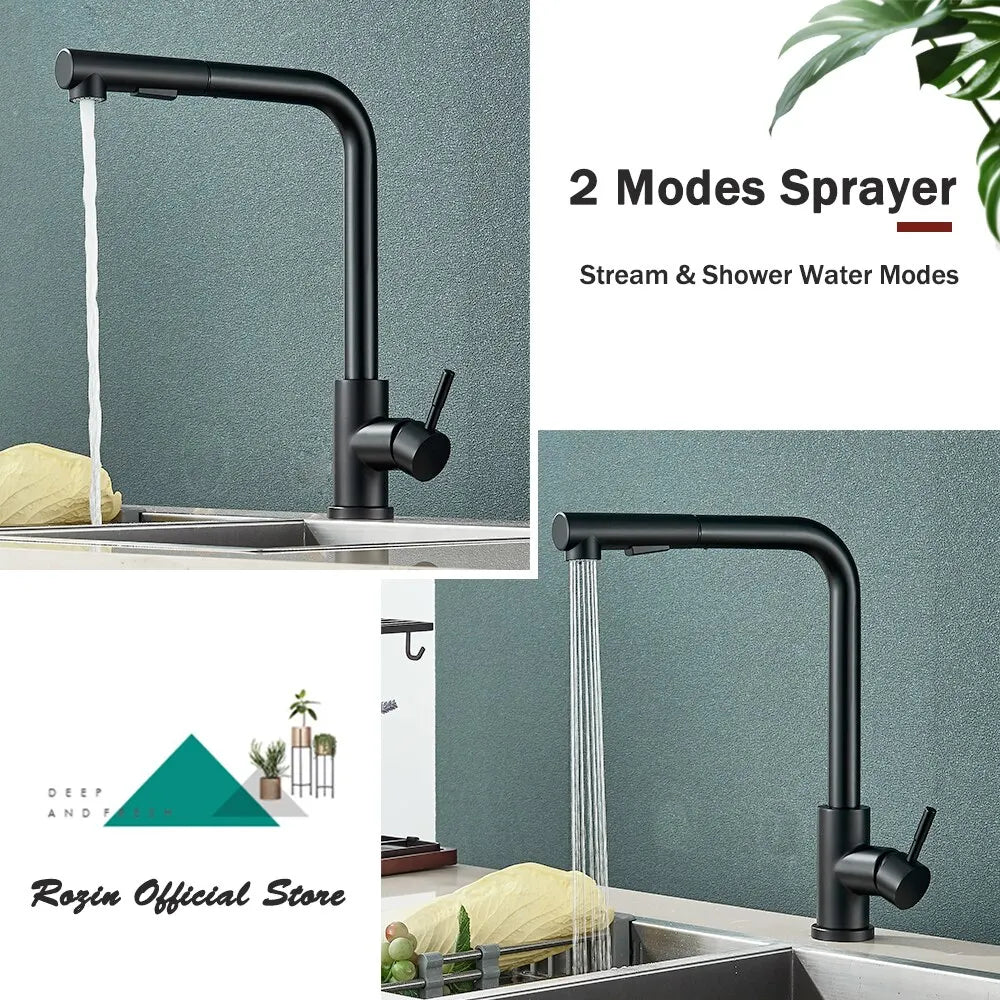 Glevato | Black Pull-Out Kitchen Faucet - Flexible 2-Mode Stream and Spray Nozzle, Stainless Steel Hot-Cold Water Mixing Tap