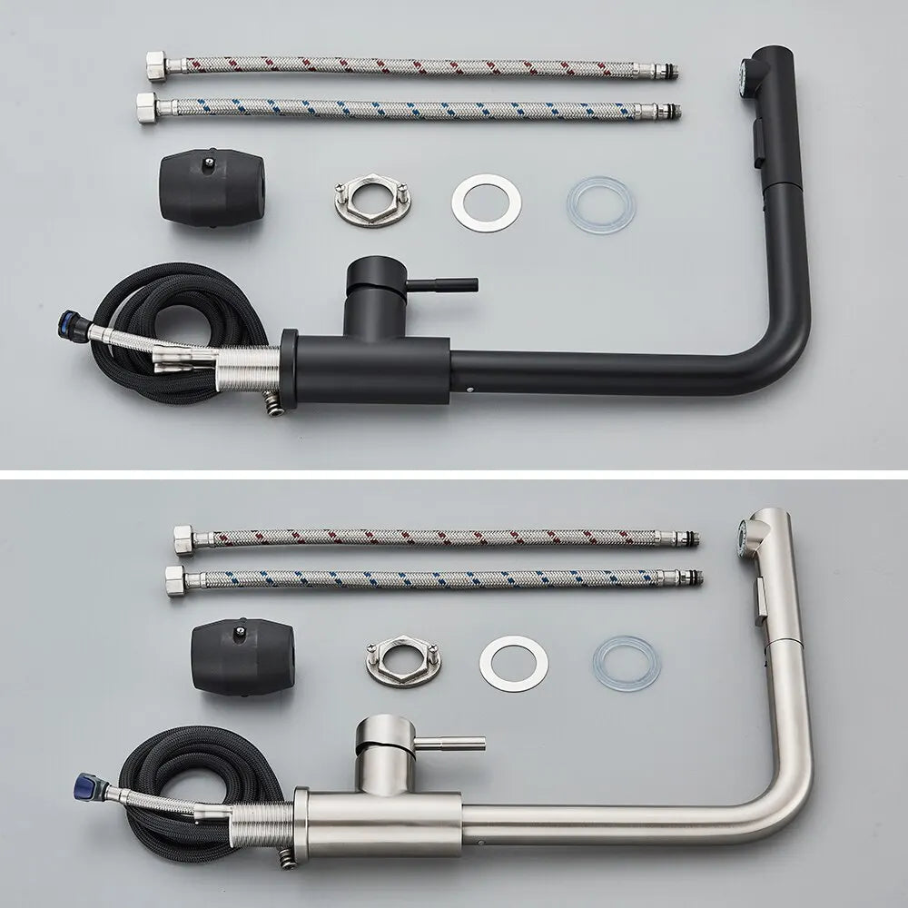 Glevato | Black Pull-Out Kitchen Faucet - Flexible 2-Mode Stream and Spray Nozzle, Stainless Steel Hot-Cold Water Mixing Tap