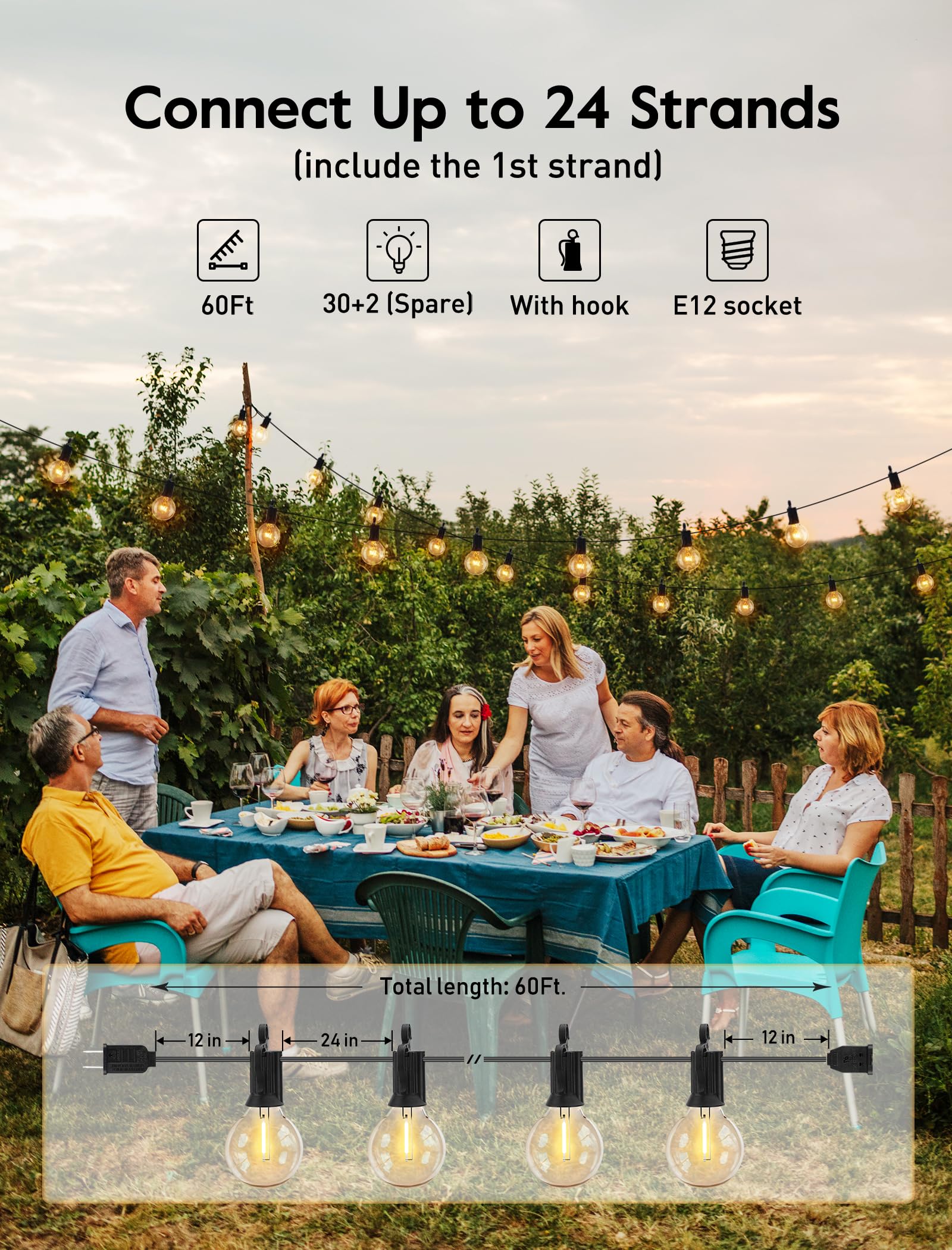 Glevato | Brightown 60Ft Outdoor String Lights - G40 Globe LED Patio Lights with 32 Shatterproof Bulbs
