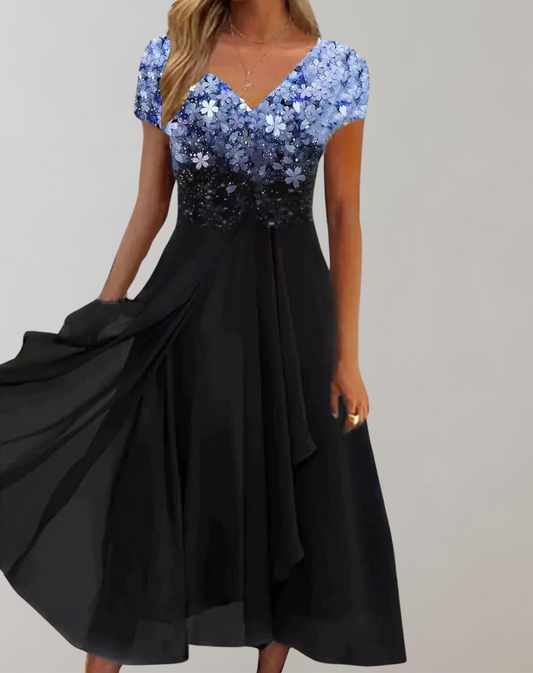 Glevato - Dress with Bright Flowers | Evening Dress for Women | Shiny Top Dress