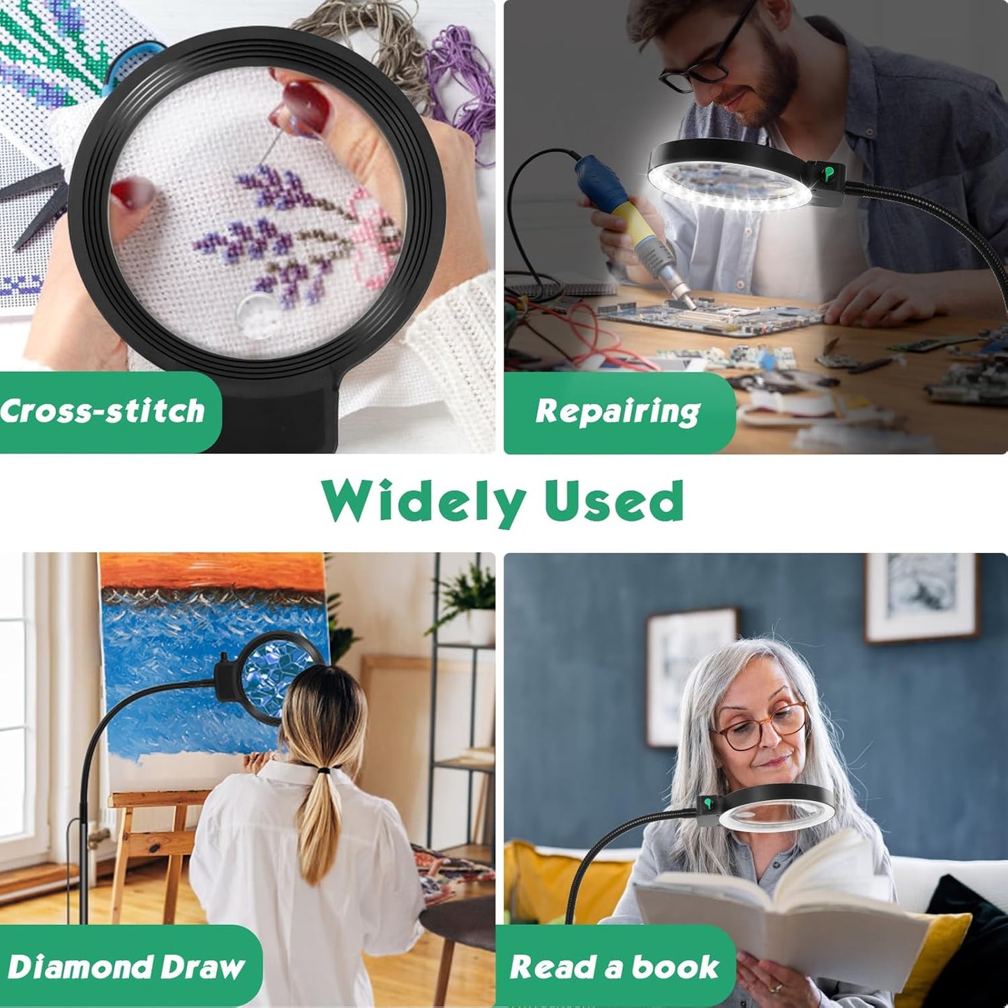 Glevato | Full-Sided Magnifying Glass with LED Light – Hands-Free Reading Aid for Books, Crafts, and Hobbies