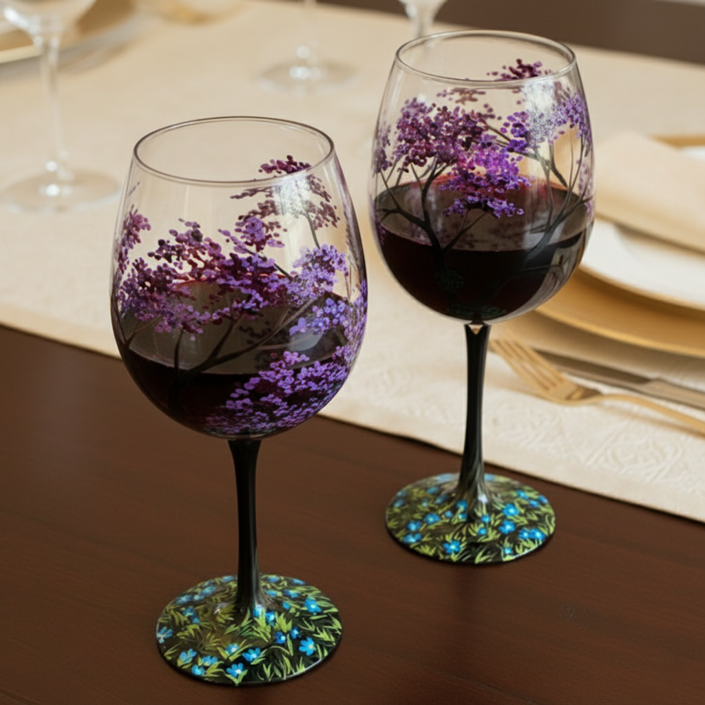 Glevato | Hand Painted Four Seasons Tree Wine Glasses | Unique Art
