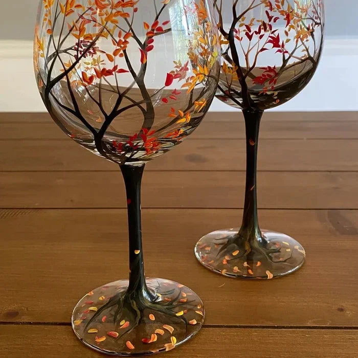 Glevato | Hand Painted Four Seasons Tree Wine Glasses | Unique Art