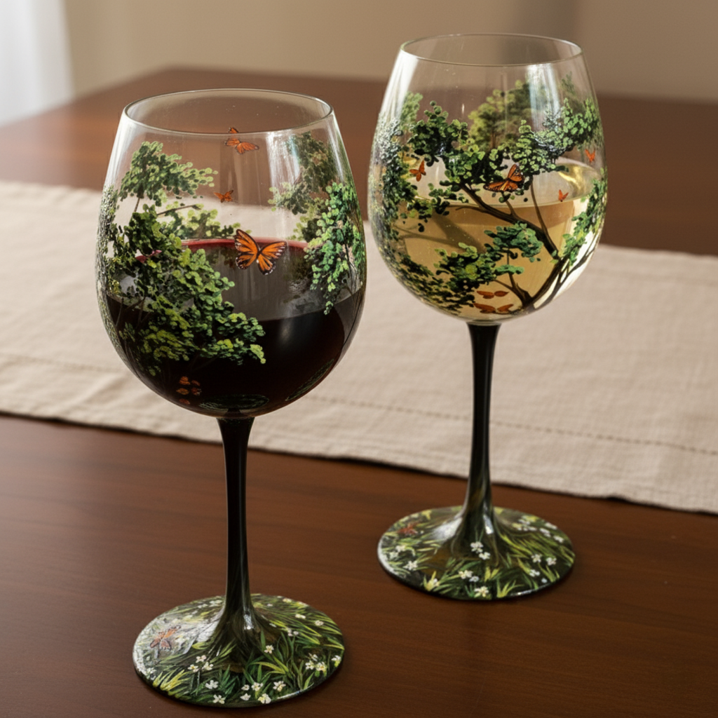Glevato | Hand Painted Four Seasons Tree Wine Glasses | Unique Art