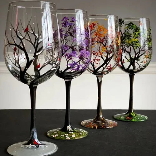 Glevato | Hand Painted Four Seasons Tree Wine Glasses | Unique Art