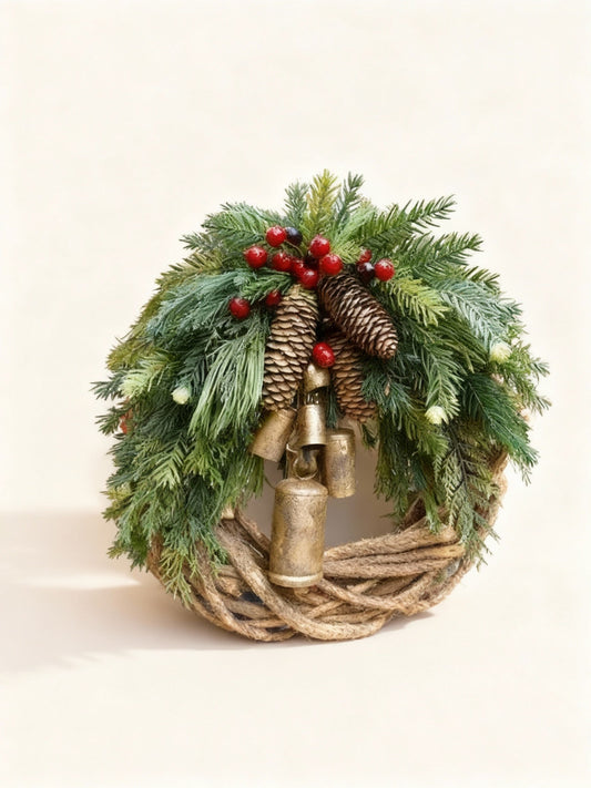 Glevato | Handmade Bohemian Winter Wreath | Bells, Pinecones & Berries | 43 cm | Indoor/Outdoor