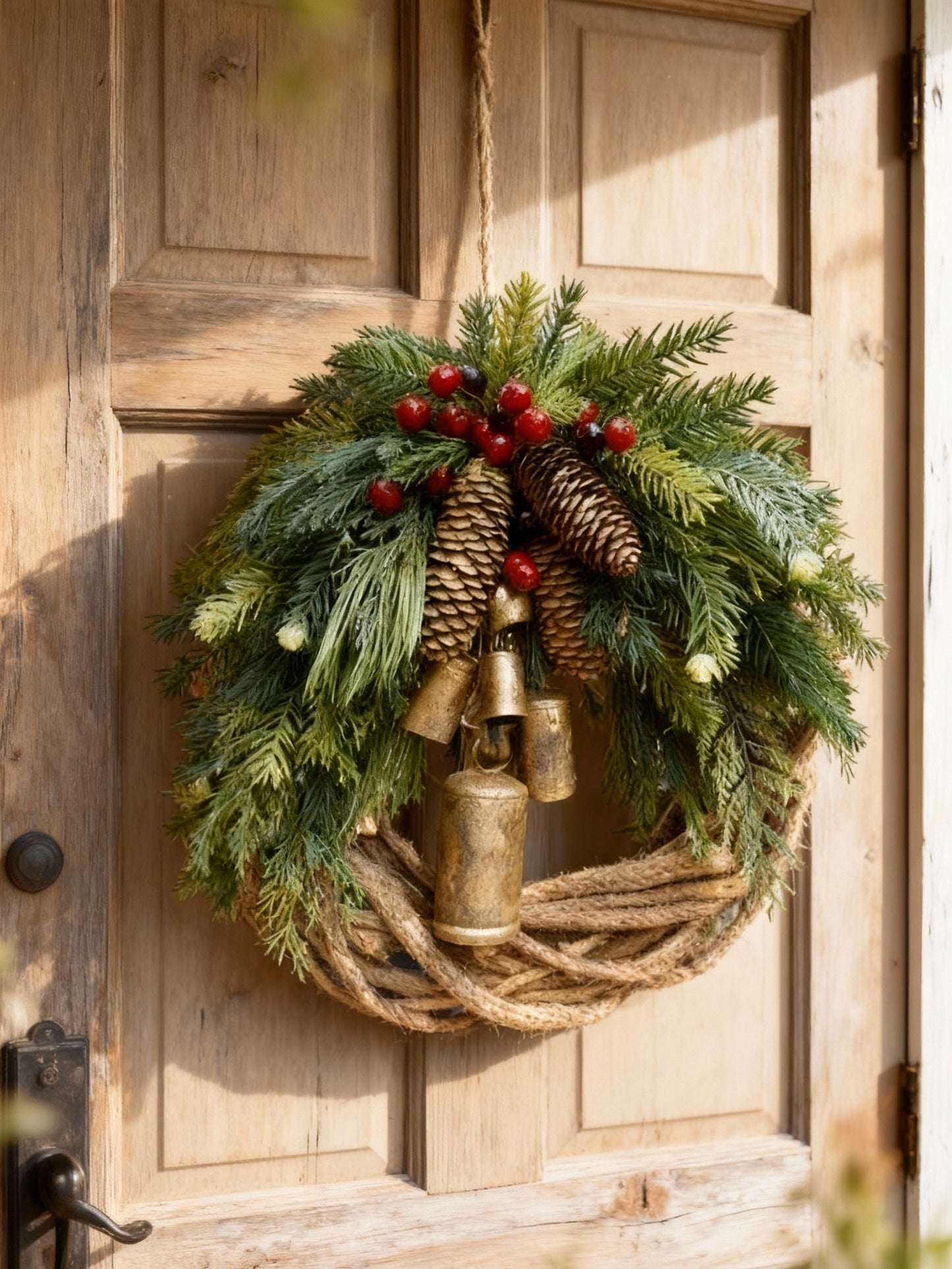 Glevato | Handmade Bohemian Winter Wreath | Bells, Pinecones & Berries | 43 cm | Indoor/Outdoor