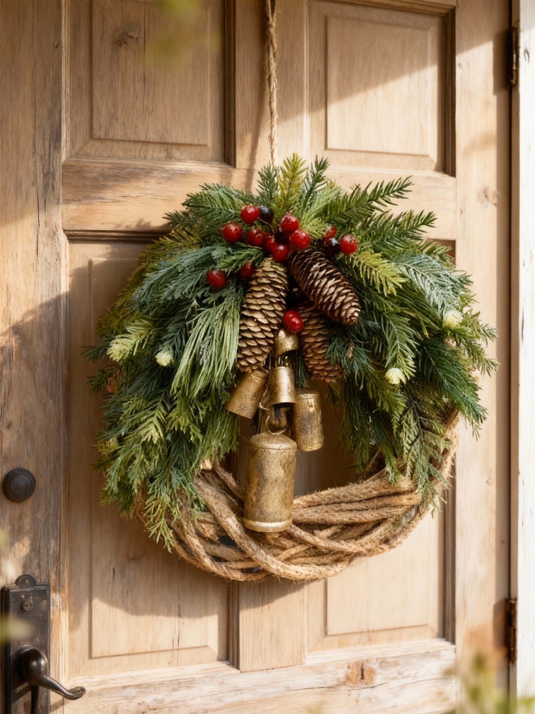 Glevato | Handmade Bohemian Winter Wreath | Bells, Pinecones & Berries | 43 cm | Indoor/Outdoor