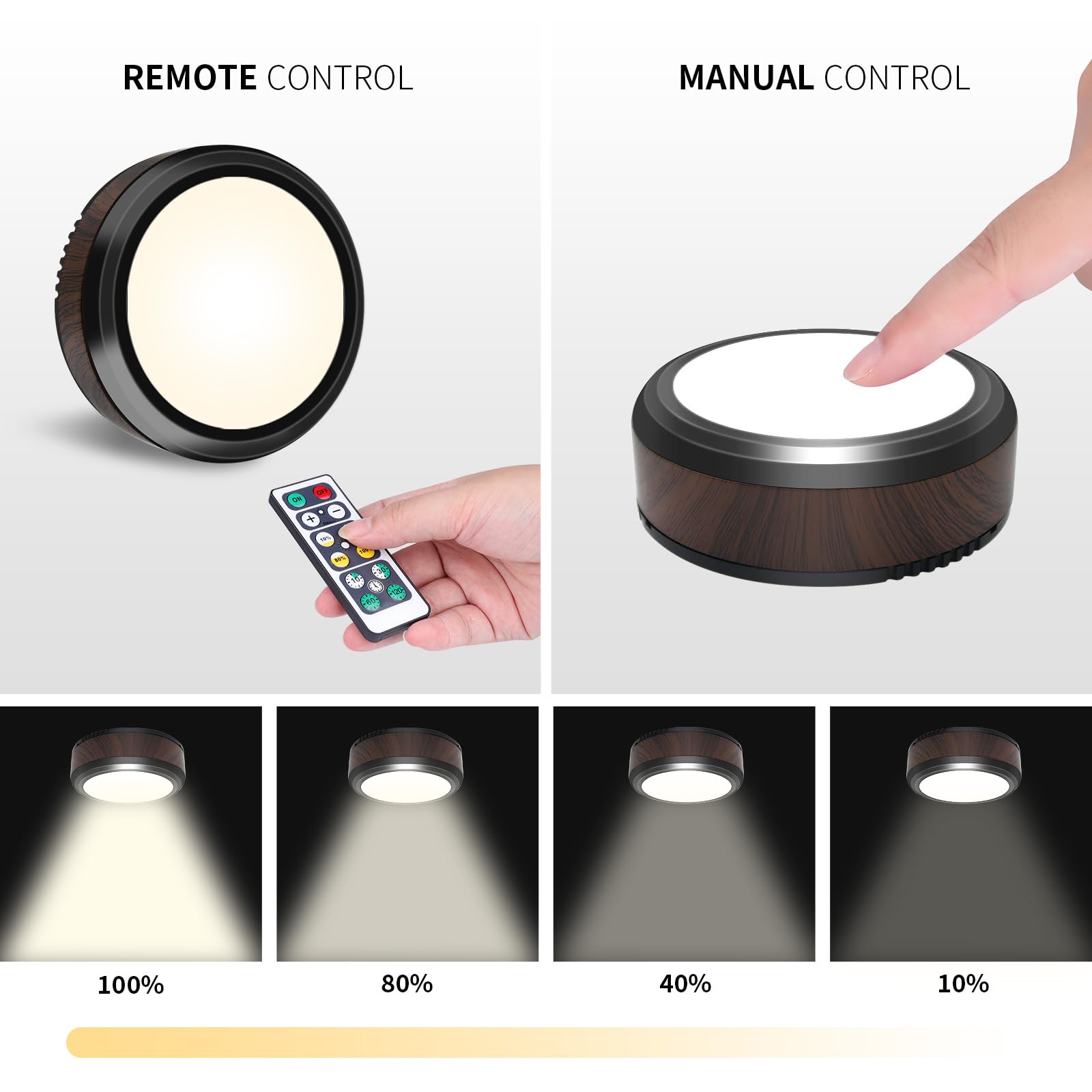 Glevato | Leastyle Remote Control LED Puck Light, Dimmable Battery-Powered Under Cabinet Light - 6 Pack Natural White