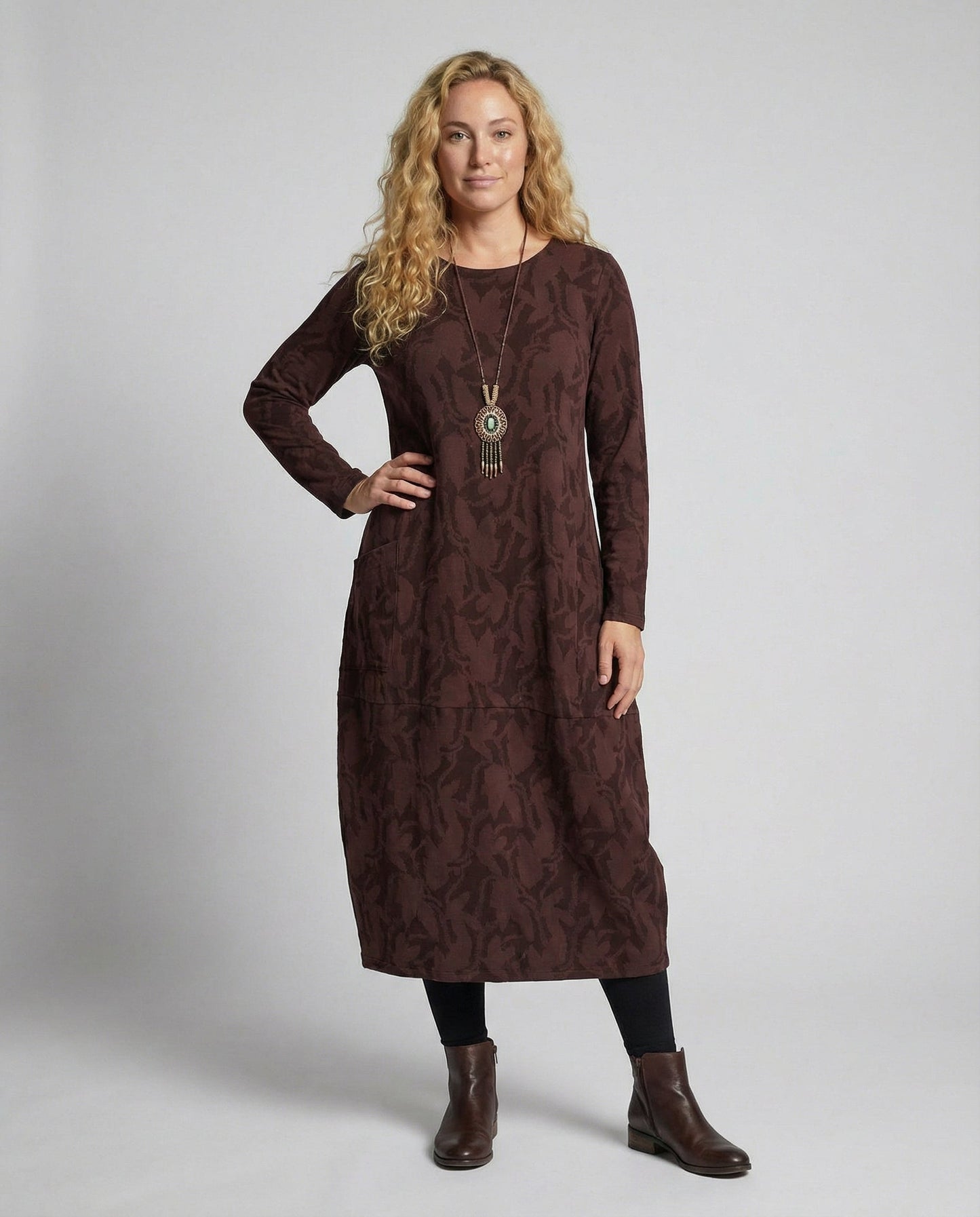 Glevato - Long Sleeve Pocket Dress with Print